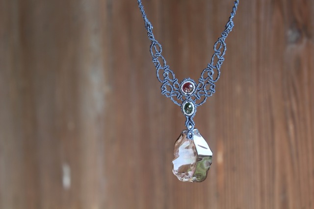 Healing Smoky quartz & Rhodolite Garnet & Peridot  micro macrame necklace
