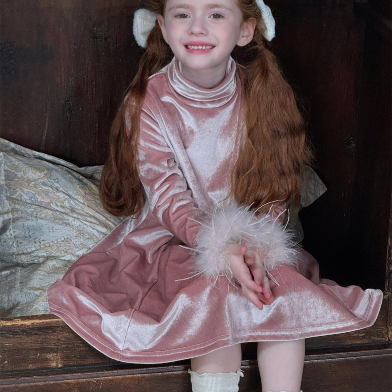 冬ベルベット裏起毛ワンピース