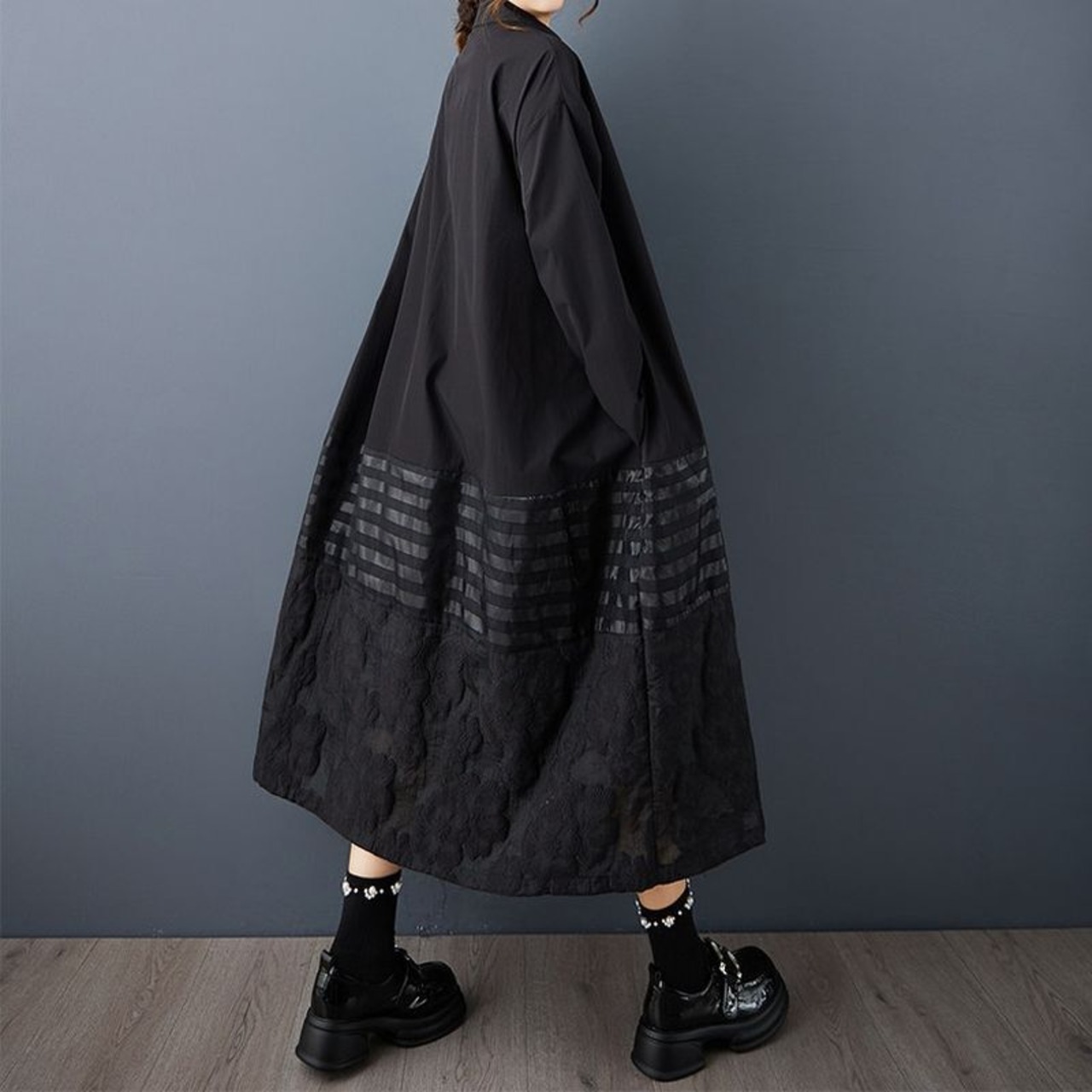 ストライプ切替 ロング シャツワンピース  00106