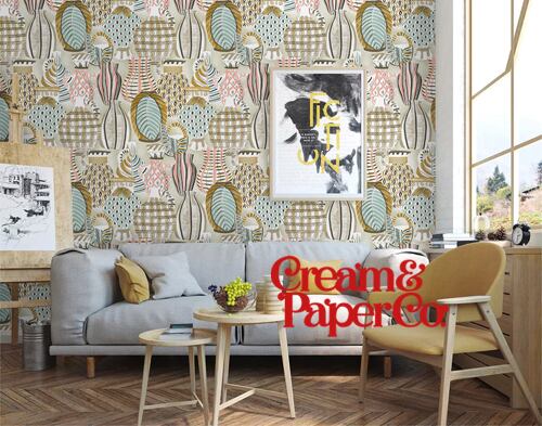 ウォームグレー×ピンク・ライトブルー つぼ柄 FL1-778601MT for DIY 53㎝×10m リピート64㎝