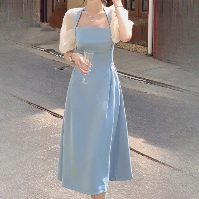 ワンピース レディース 送料無料 フレアワンピース ミモレ丈 メタリック ツヤ感 シフォン 切り替え スクエアネック パフスリーブ 襟なし  透け感 半袖 体型カバー シンプル 大人可愛い きれいめ お洒落 おしゃれ 大人女子 イベント デート パーティ— 女子会 休日 お出かけ ファッション コーデ かわいい 大人可愛い きれいめ シンプル 大人 上品 おしゃれ お呼ばれ 二次会 かわいい モテコーデ ベーシック 大人 かわいい インスタ トレンド モテコーデ ブルー 春 夏 S M L XL