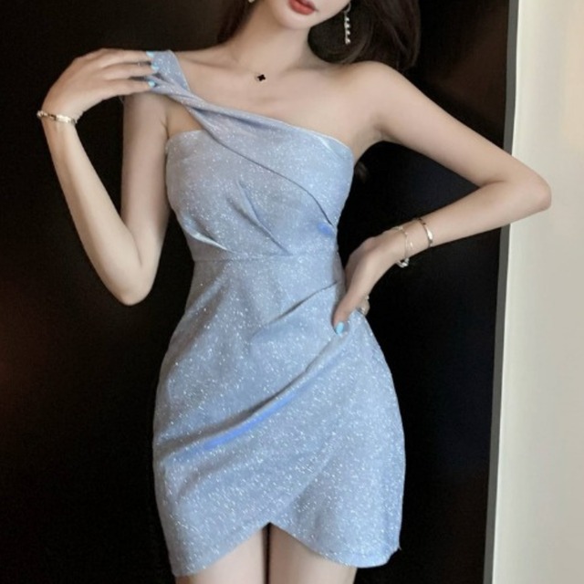 ワンショルダー アシンメトリー ミニドレス 2col　L00288