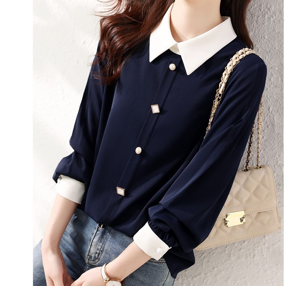 トップス レディース ブラウス シャツ 長袖 襟つき かわいい 大人可愛い きれいめ 大人 上品 おしゃれ お洒落 シック 清楚 フォーマル 大人女子 かっこいい クール モード エレガント おとな ナチュラル こなれ感 個性的 送料無料 抜け感 綺麗 お嬢様 きちんと感 無地 ネイビー 紺 春 秋 ロングシーズン 10代 20代 30代 40代 ビジネス OL 通勤 デート お出かけ 女子会 美術館巡り パーティー イベント ホテル レストラン お呼ばれ S M L XL 着回し 普段使い インスタ映え
