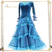 社交ダンス 衣装 チャコット Chacott 日本製 ワンピース ドレス ブルー系 青 ベロア フリル レース パーティ 発表会 上品 綺麗 高級感 フォーマル 発表会用 おしゃれ 女性用 ダンス衣装 かわいい 大人 レディース