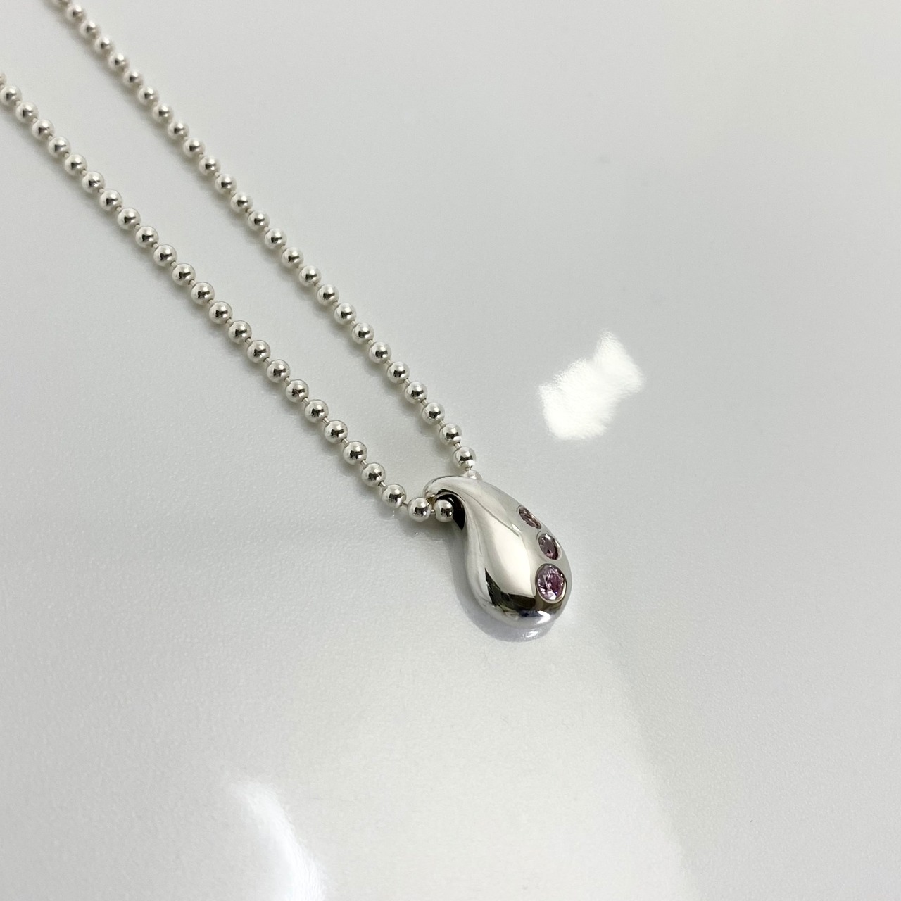 TEARDROP with PINK SAPPHIRE BALL CHAIN NECKLACE / ティアドロップ・ピンクサファイア ボールチェーンネックレス