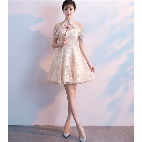 演奏会ドレス 結婚式ドレス 大きいサイズ XL 2XL 小さいサイズ XS スリムフィット モダン 体型カバー ホルターネック レース オフショルダー ミニスカート きれいめ お呼ばれ フォーマル