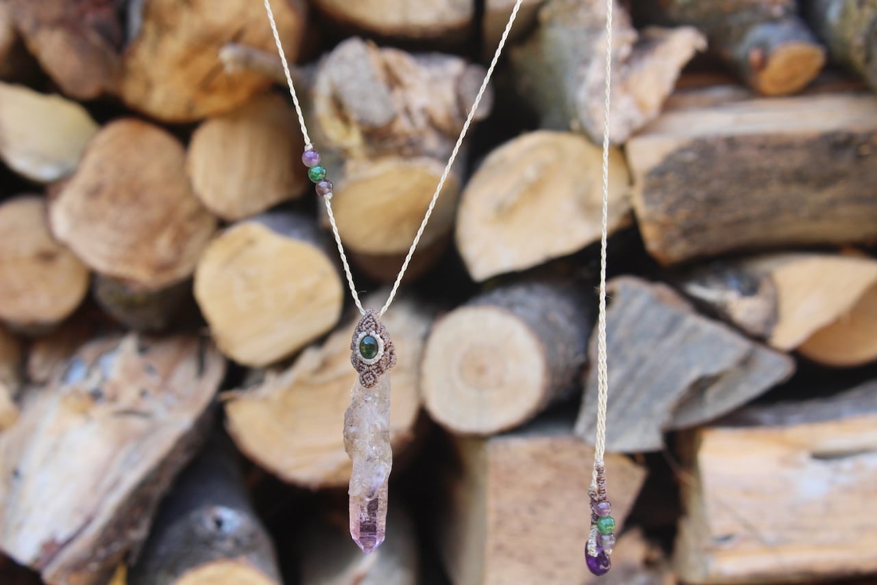 Amethyst point & Chrome Tourmaline  micro macrame pendant