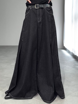 super wide side pleats denim / black
