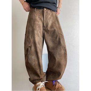 ヒョウ柄ポケットブラウンルーズフェイクレザーパンツ　1129