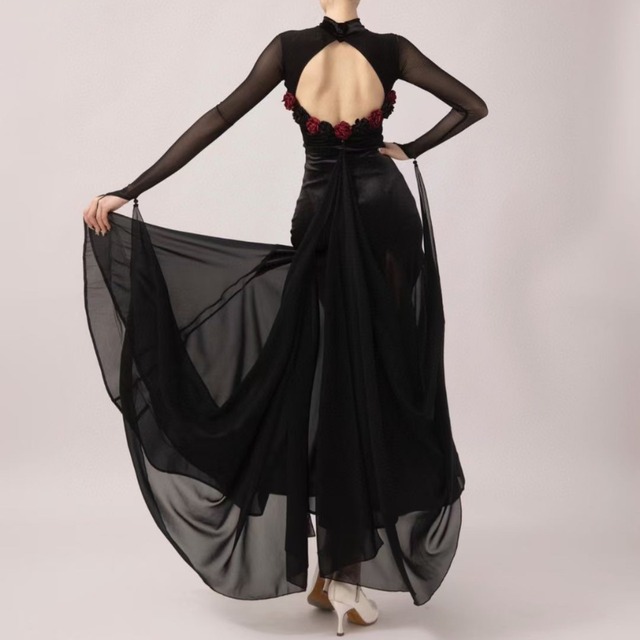 ハイネック ローズモチーフ シースルー ロングドレス 1col　D00390