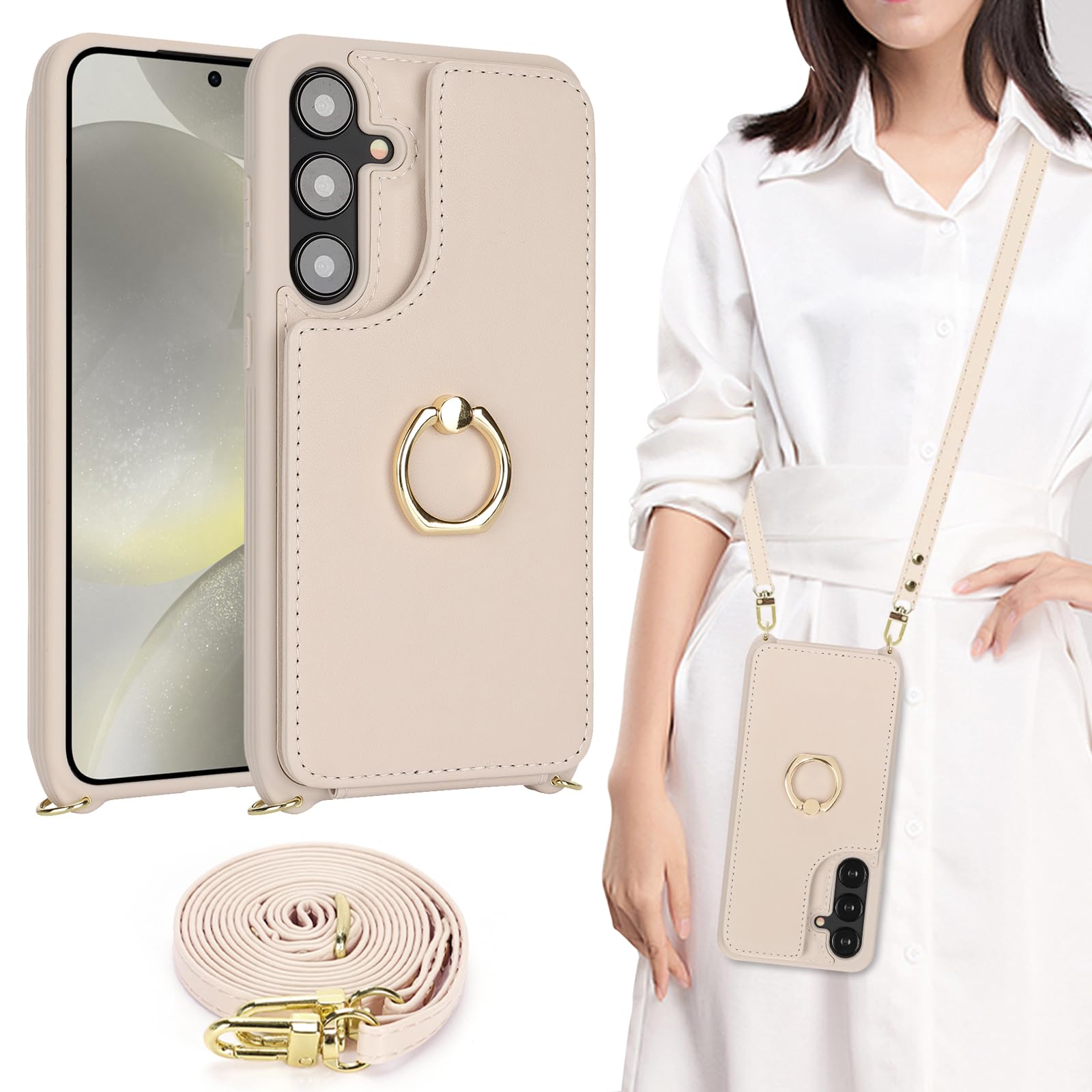 Galaxy S24 ケース ショルダー リング付き ストラップケース ショルダーケース ポシェット Galaxy S24 SC-51E docomo SCG25 au SIMフリー 対応 サムスン ギャラクシーS24 カバー Galaxy S24 スマホケース SC51Eケース case 適用 iCoverCase カードケース スタンド 斜め掛け 携帯カバー ベージュ