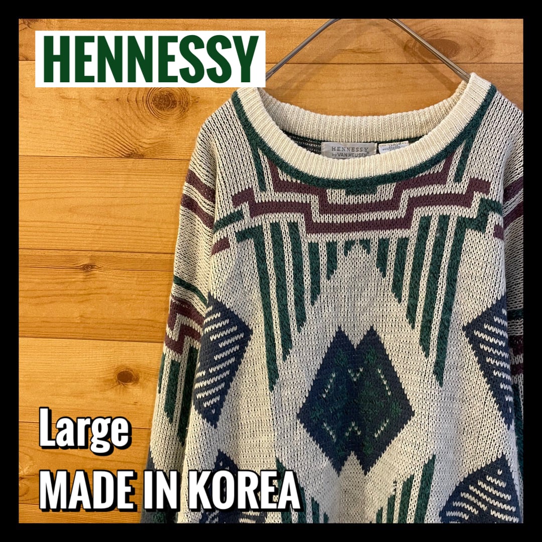 【HENNESSY】韓国製 柄ニット セーター 総柄 L クルーネック US