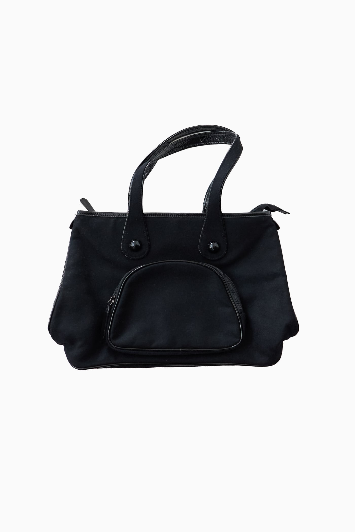アニエスベーサンライズ期 agnès b. VOYAGE BLACK PATENT-PIPED MELTON BAG