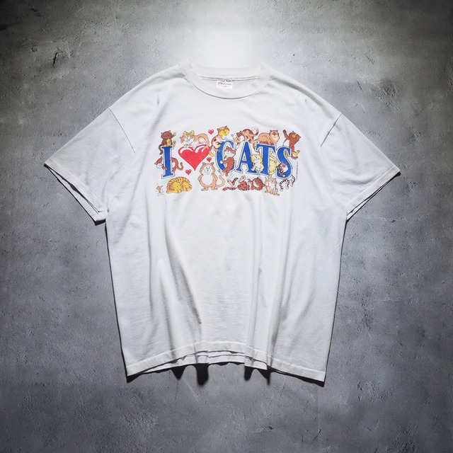 1990s ” I love cats ” printed vintage ss white Tee