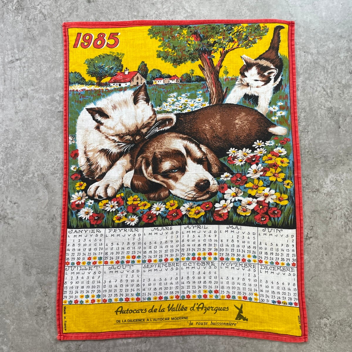 80年代 フランス製 キャット ドッグ アニマル カレンダー タペストリー