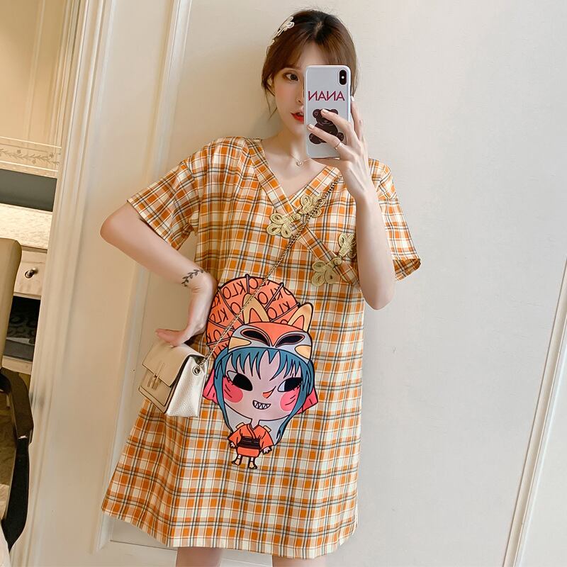 【新作】【送料無料】 マタニティウェア2020夏の新しい格子ディスクボタンVネックドレスのファッションが改善されたミドル丈のチャイナドレスマタニティドレス-アリババ サマー 夏物 expec242384800426