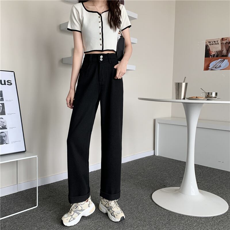 ブラックジーンズ ルーズスプリングオータムハイウェスト薄手パンツ スタイル 春物 秋物 試着室11000858661