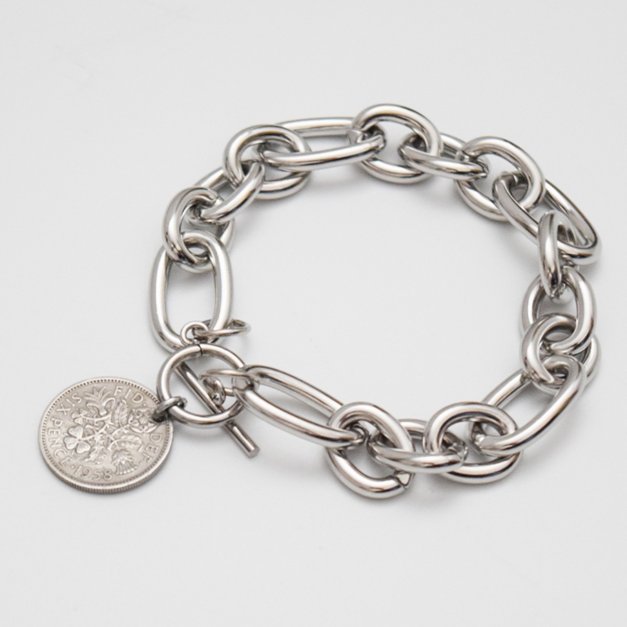 シックスペンスコインステンレスラウンドチェーントグルブレスレット