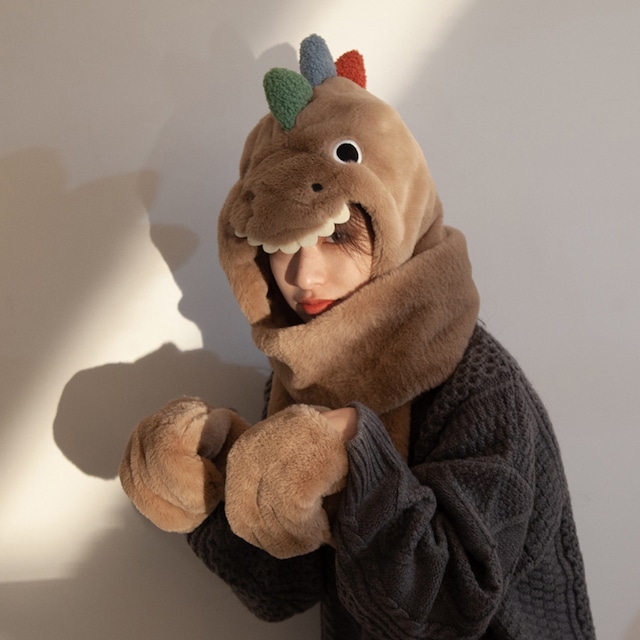可愛い 恐竜 アニマル帽子 厚手 手袋付き 暖かい秋冬 防寒対策 レディース マフラー52795236
