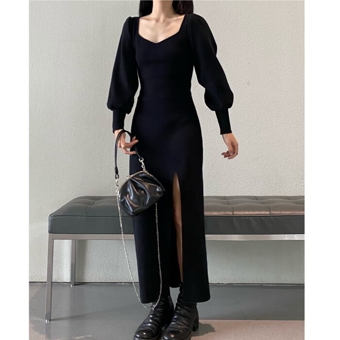 パフスリーブ スリットニット ワンピース V Ite09