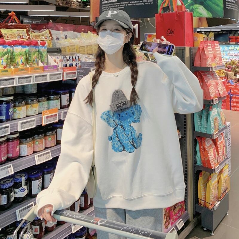 ホワイトラウンドネックセーター スプリングオータム薄手ルーズスタイル 春物 秋物 Oネック 試着室69232268719