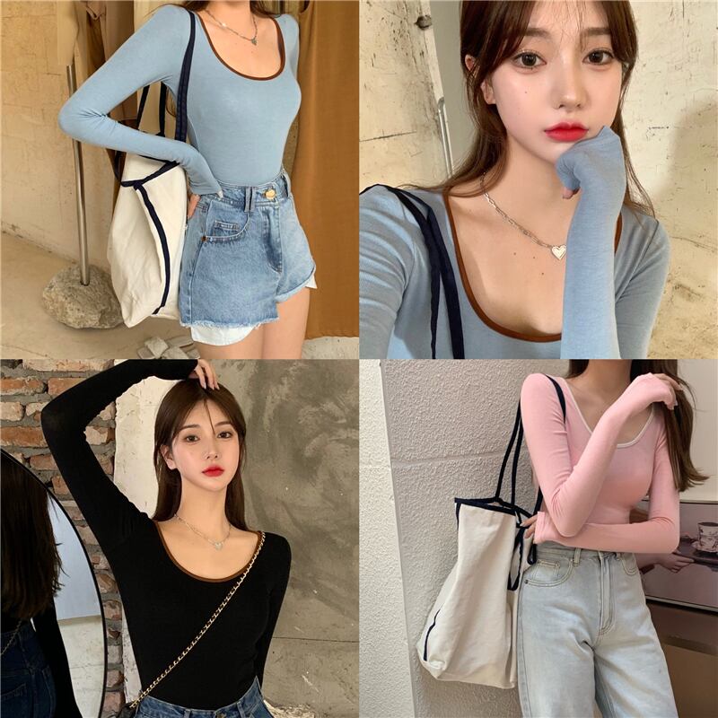 ピンクのウエスタンセクシーTシャツ女性秋タイトフィットスリム長袖ボトミングシャツ2020新しいインナートップインタイド ブラックストロベリース3229502968