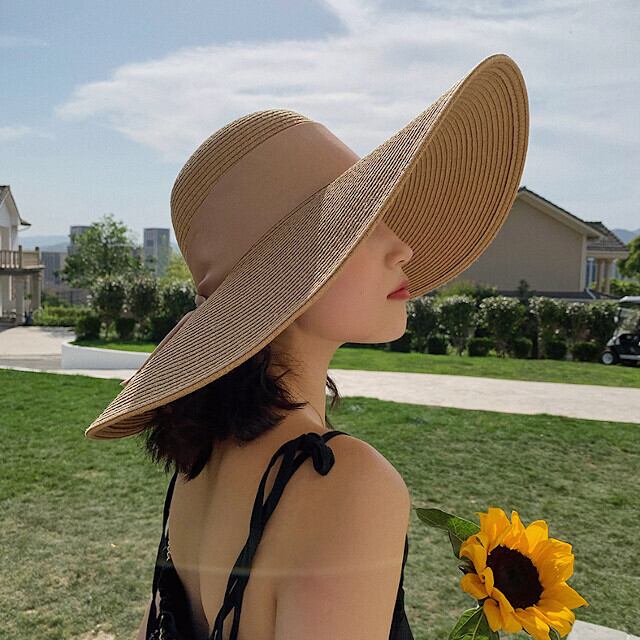 ストローハット つば広 麦わら帽 レディース リボン 女優帽 お出かけ デート エレガント おしゃれ ショッピング カジュアル おしゃれ ビーチ 春夏 ブラウン/ベージュ