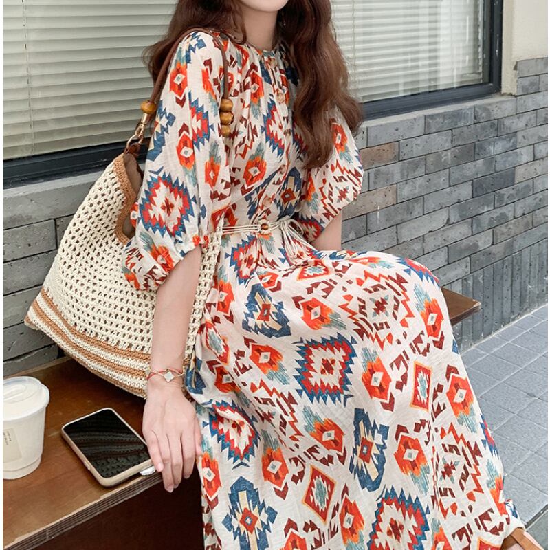 Geometric Ikat-Print Belted Puff-Sleeve Maxi Dress S0294