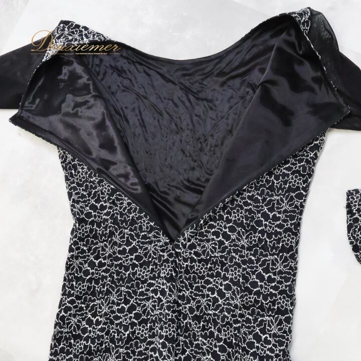 【パーティーに】新品　フリル付き黒白花柄プリント　社交ダンスツーピースr97-8 社交ダンス 衣装 スタンダード ドレス パーティ 発表会 黒