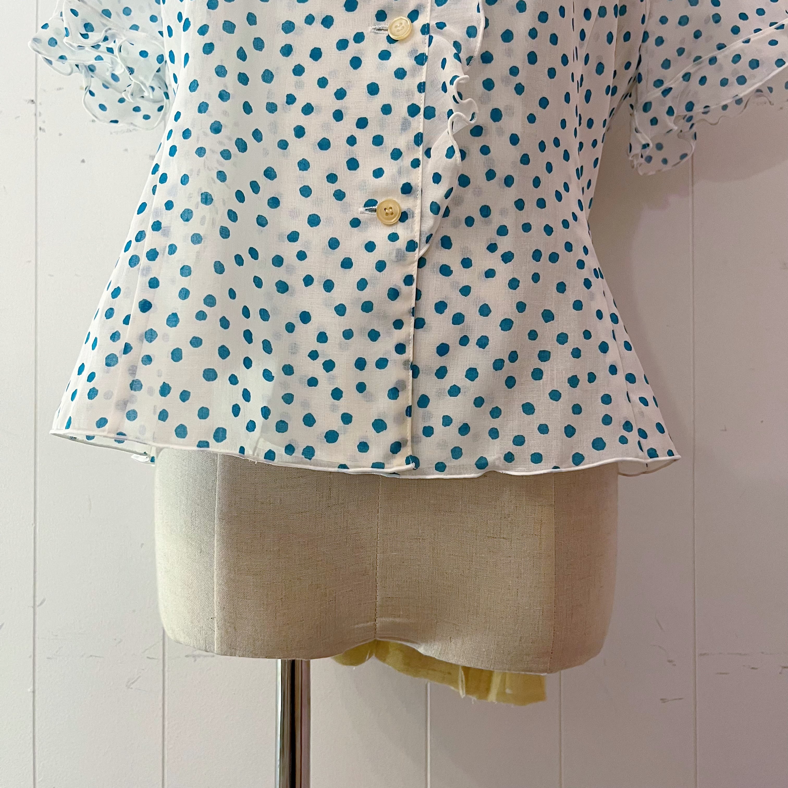 water blue dot frill blouse