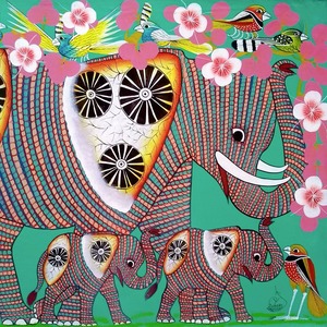 『 Colorful tembo family 』 Big-Tingatinga by Zuberi  70*50cm