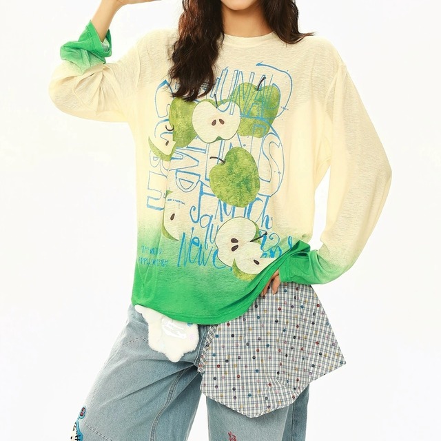 アップルグラフィックグラデーションロングTシャツ 2col R02582