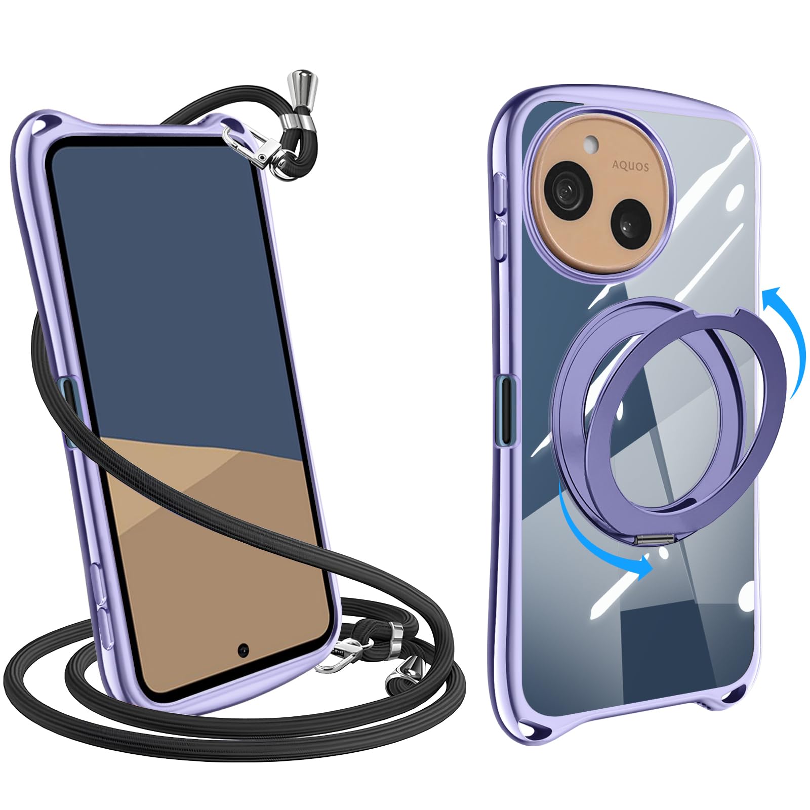 AQUOS Sense10 Sense9 用の ケース ショルダー リング付き クリア ストラップ付き【360°回転スタンド・縦横両対応】アクオスセンス10/9 SH-53F/SH-M33/SH-53E スマホケース カバー 耐衝撃 透明 TPU 肩掛け 首掛け 取り外し可能 長さ調整可能 スタンド機能付き 金属ボタン(ライトパープル)