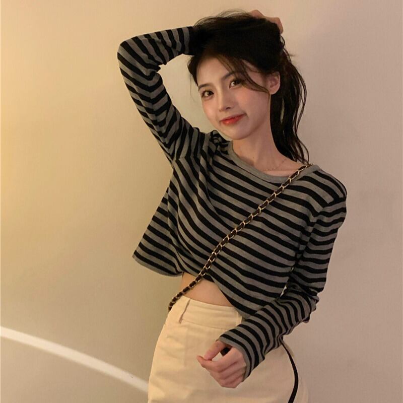 スタイルセーター オータムストライプスリムクロップドトップス レディース ロング 秋物 ハンチェンe69001164273