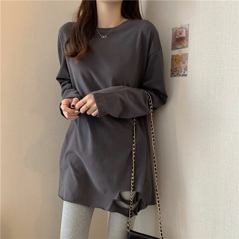 Tシャツ オータムルーズソリッド カラートップス ロング 秋物 ソリッドカラー クレセントシティ580377039