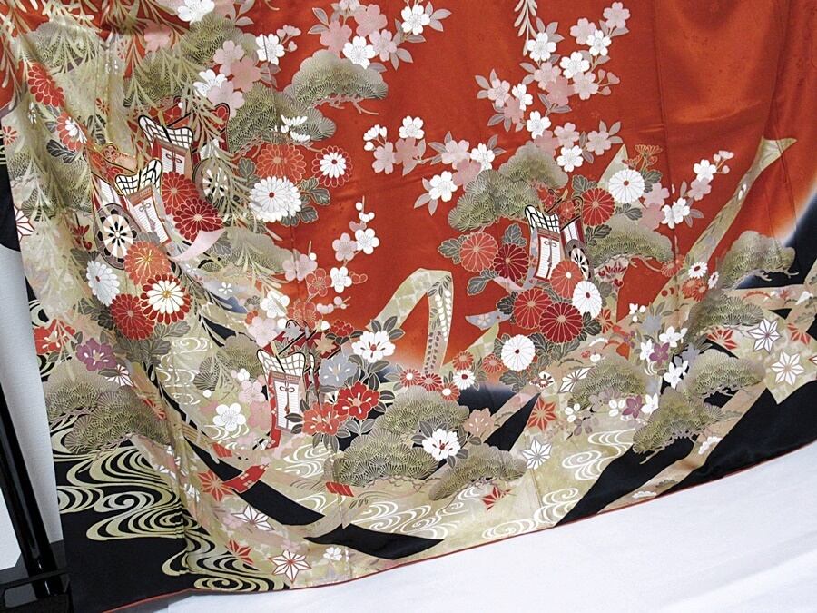 振袖 正絹 綸子 刺繍 几帳に御所車 柳 桜 菊 168cm前後ベスト 美 振袖 正絹 綸子 刺繍 几帳に御所車 柳 桜 菊 168cm前後ベスト 美