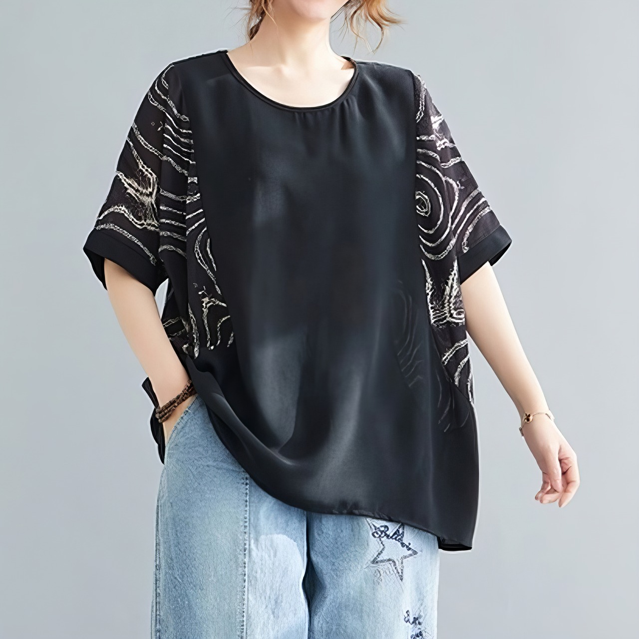 抽象プリント ブラック Tシャツ  30226