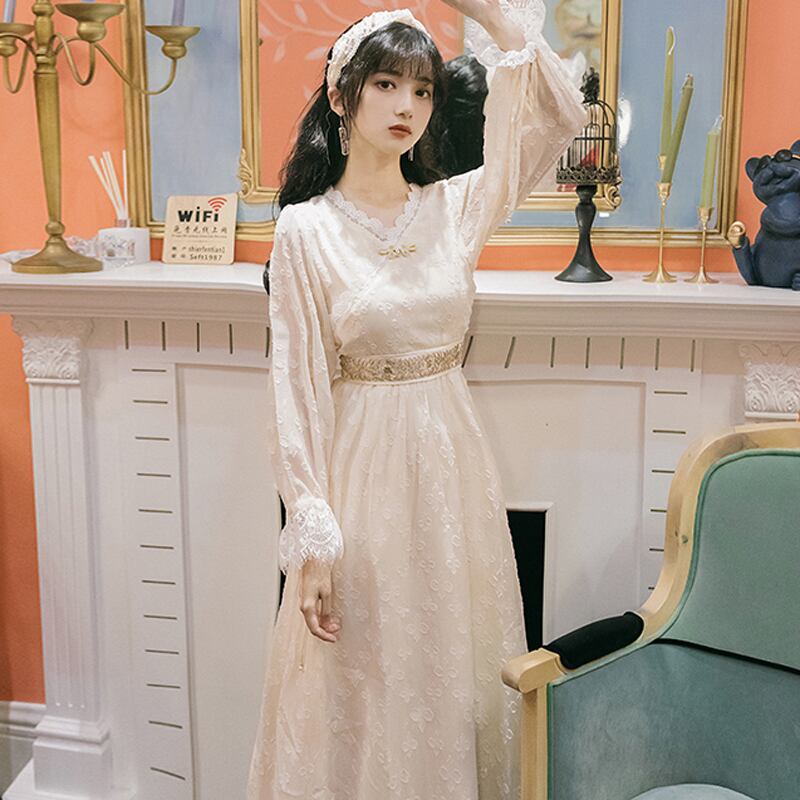 レースチャイナ風ワンピース 改良型チャイナドレス ロングワンピース 中華服 普段着 女子会 同窓会 デート Vネック S M L アプリコット 優しい印象を与える Elegant