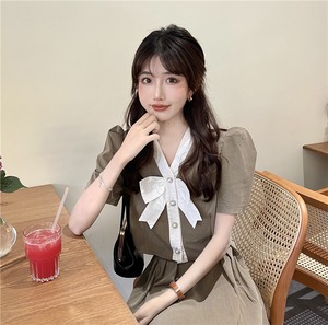 【韓国通販 dgo】retro v-neck puff sleeve shirt 2colors（B0995）