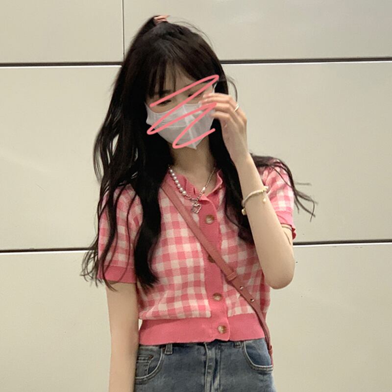 格子柄セーター レディースサマー薄手ショートカーディガンスリムトップス 大人ガーリー スウィート キュート カジュアル 夏物 シルク 試着室49601289016