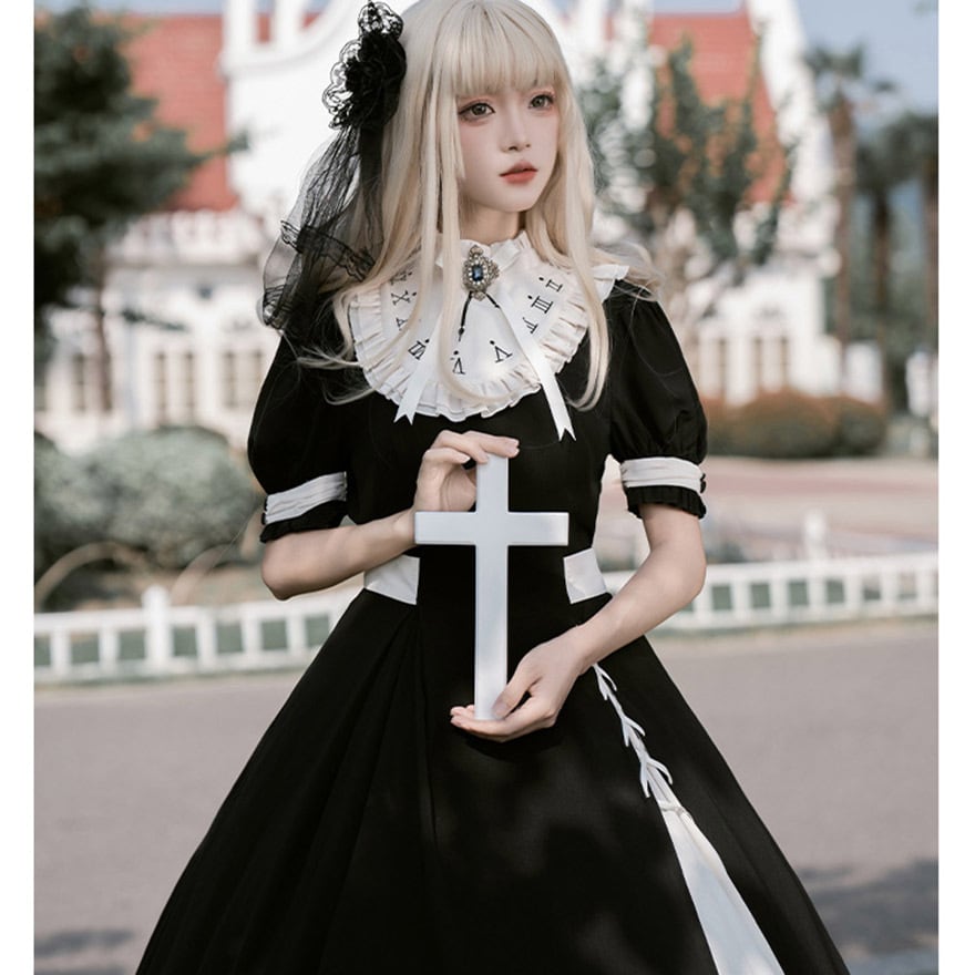 ロングワンピース 半袖 スリット ウエストリボン 上品 ゴスロリ 原宿