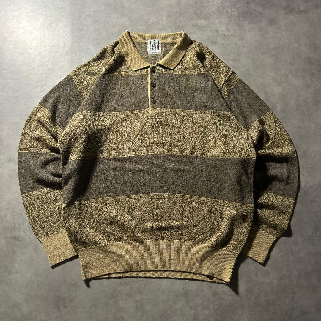 ヴィンテージ ベージュ ボーダー 幾何学 模様 レトロ ニット ポロシャツ