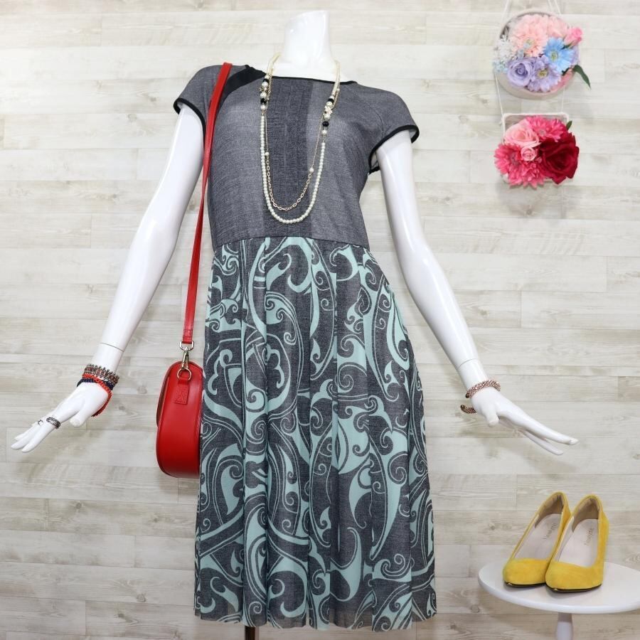 ヴィヴィアンタム ウエスト切替ワンピース S グレー×緑 シアー素材 ほぼ未使用