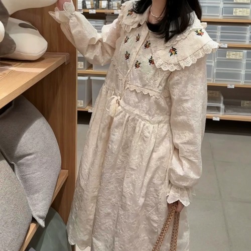 レースビッグカラーフラワー刺繍ワンピ ・12064