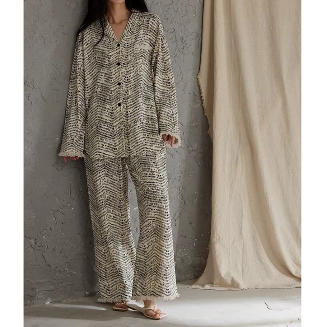 訳ありSALE【2type】【M-2XL】monotone striped cardigan-style pajamas p1603