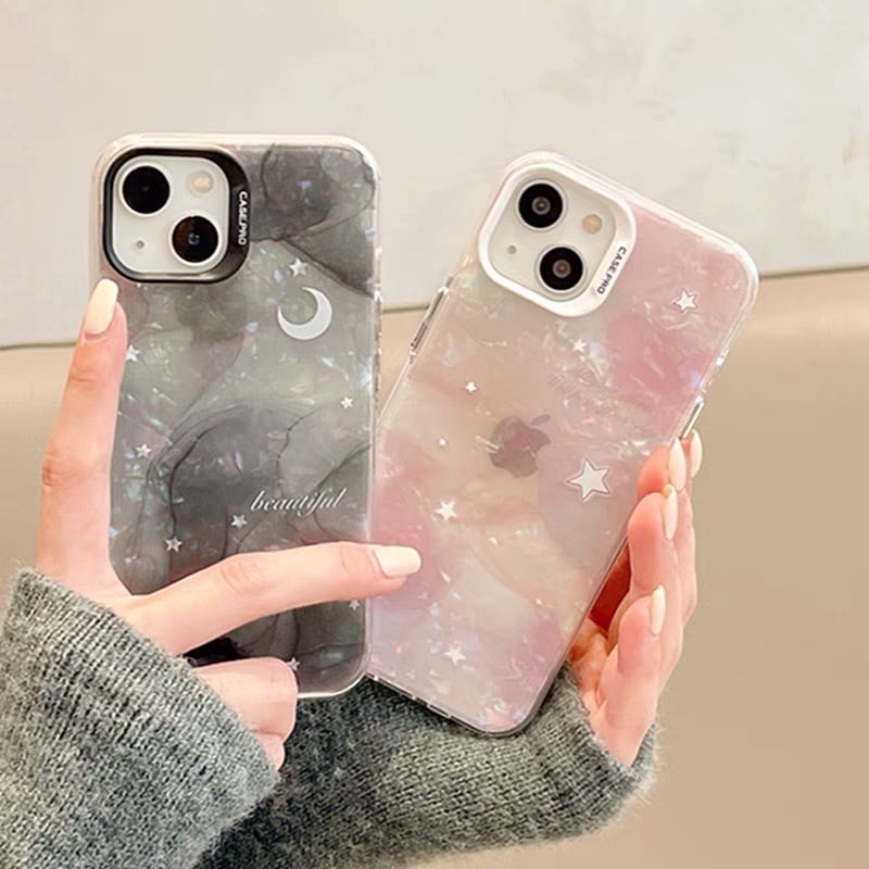 iPhoneケース iPhone14 iPhone13 シェル風 マーブル キラキラ 星 月 空