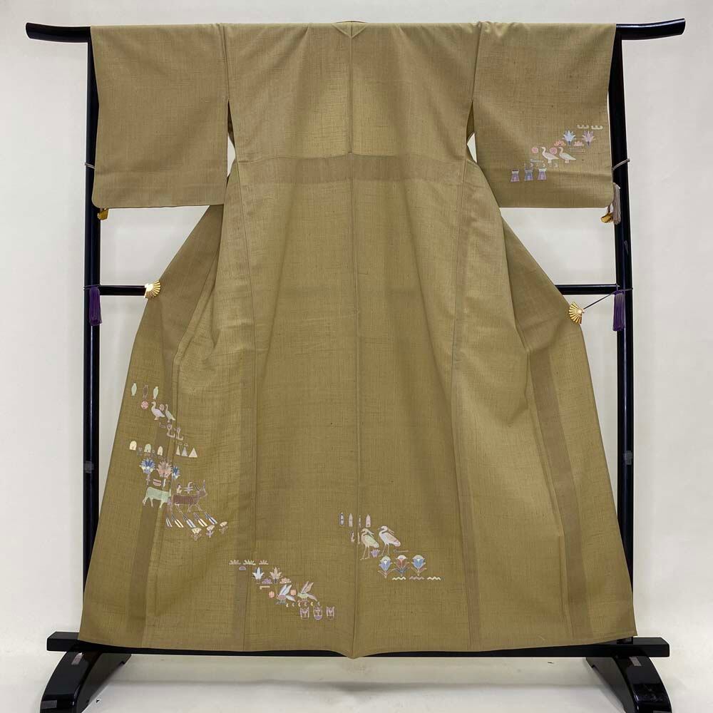 紬 単衣 動物模様 鴨 水牛 牛 鷺 サギ キリギリス リサイクル お洒落着 普段着 裄67cm  美品 Aランク  L サイズ 2490 紬 単衣 動物模様 鴨 水牛 牛 鷺 サギ キリギリス リサイクル お洒落着
