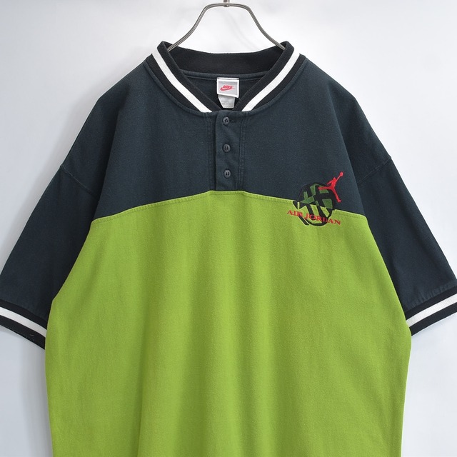 90s 日本製 NIKE AIR JORDAN ナイキ エアジョーダン ヘンリーネック 半袖 Tシャツ バイカラー ジャンプマン 刺繍 グリーン ブラック USED ヴィンテージ ビンテージ 古着 メンズ 2XL