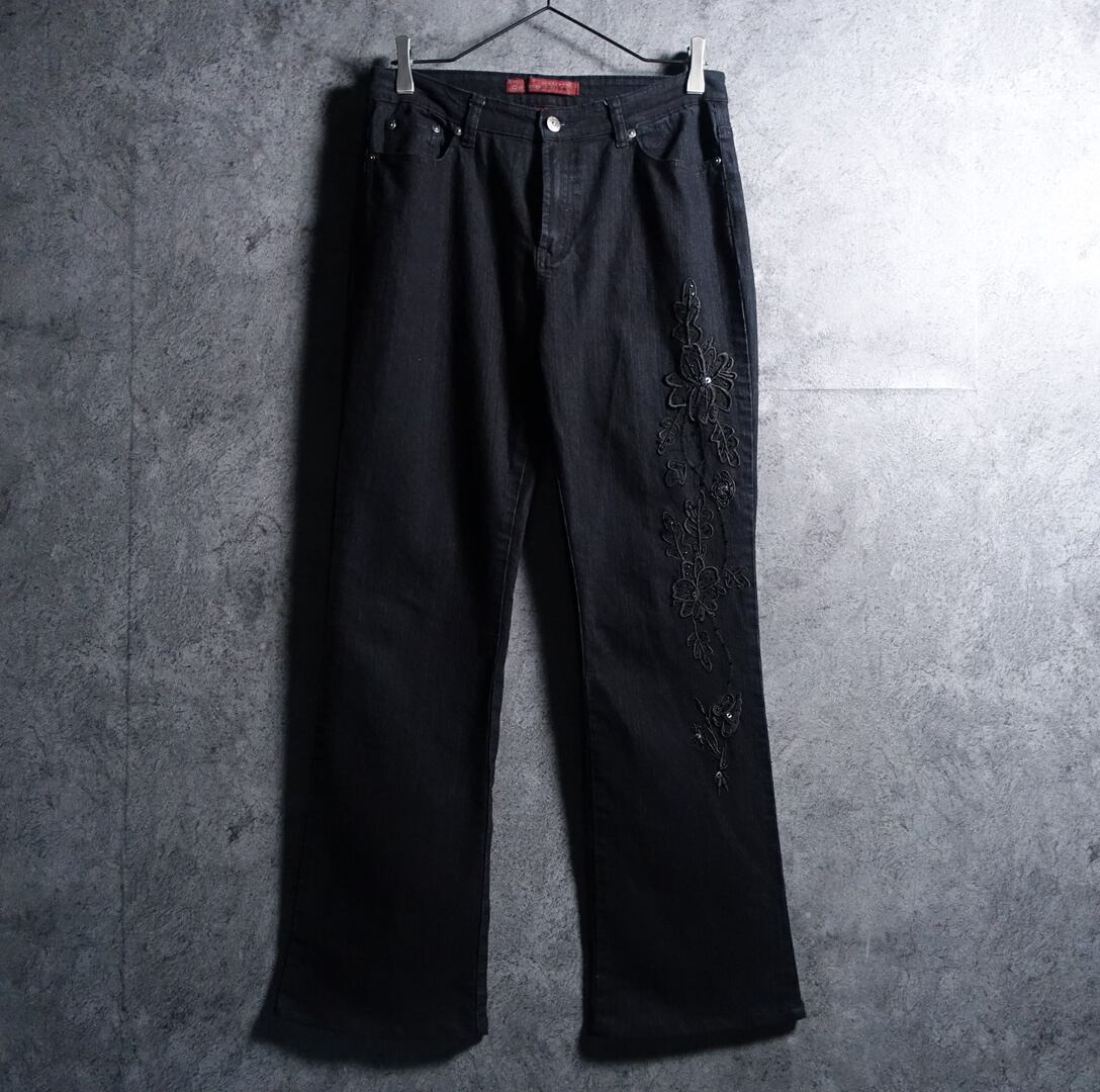 Black Flower Motif Embroidered Design Flare Denim Pants