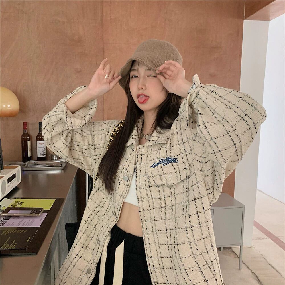 送料無料】トップス アウター ブルゾン ジャケット チェック柄文字刺繍